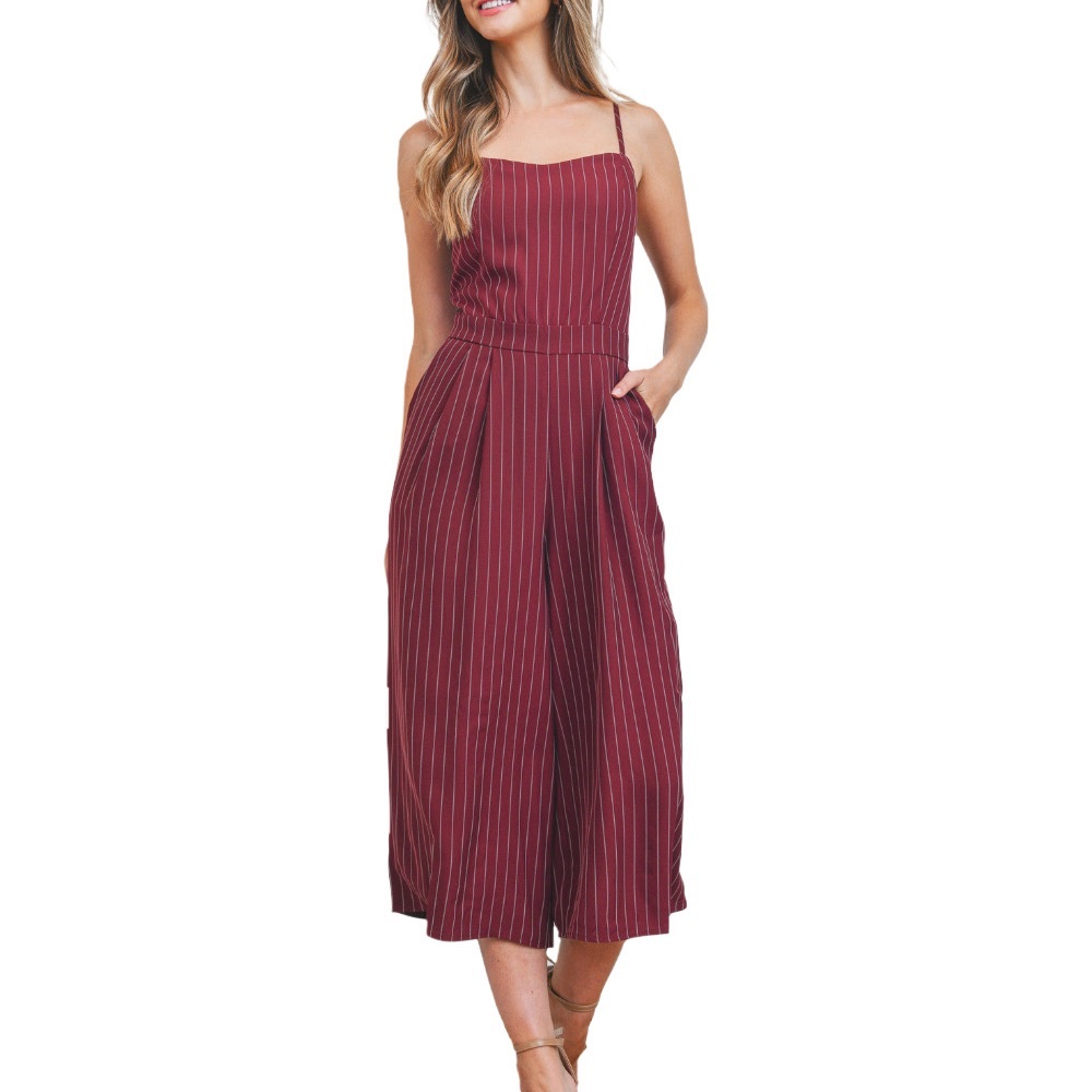 Burgundy Pinstripe Jumpsuit - Picture 2 of 5